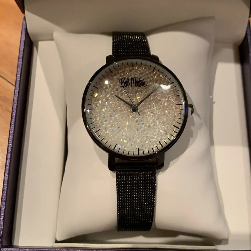 Bob Mackie Women's Black Alloy Bracelet Glitter Dial Mesh Watch 32mm. New in box